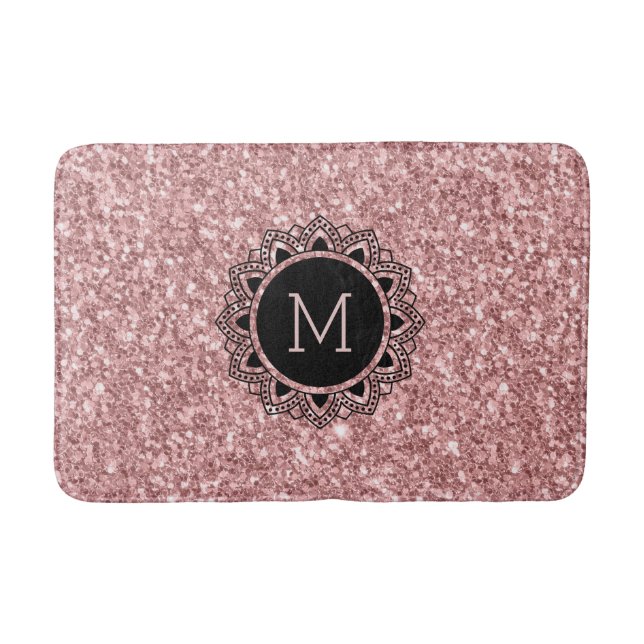 Salmon Pink Glitter, Ornate Circle, Monogram Bath Mat (Front)