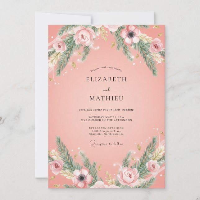 Salmon Pink Graceful Winter Wedding Invitation (Front)
