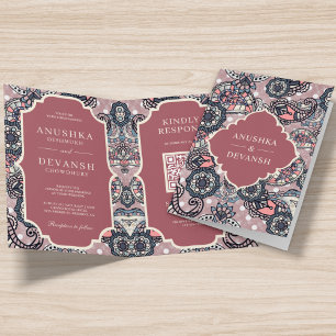 Salmon Pink Paisley Pattern QR Code Indian Wedding Invitation