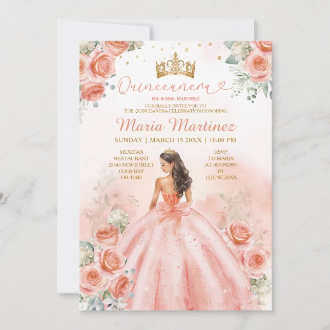 Salmon Pink Peach Princess Floral Gold Quinceañera Invitation (Front)