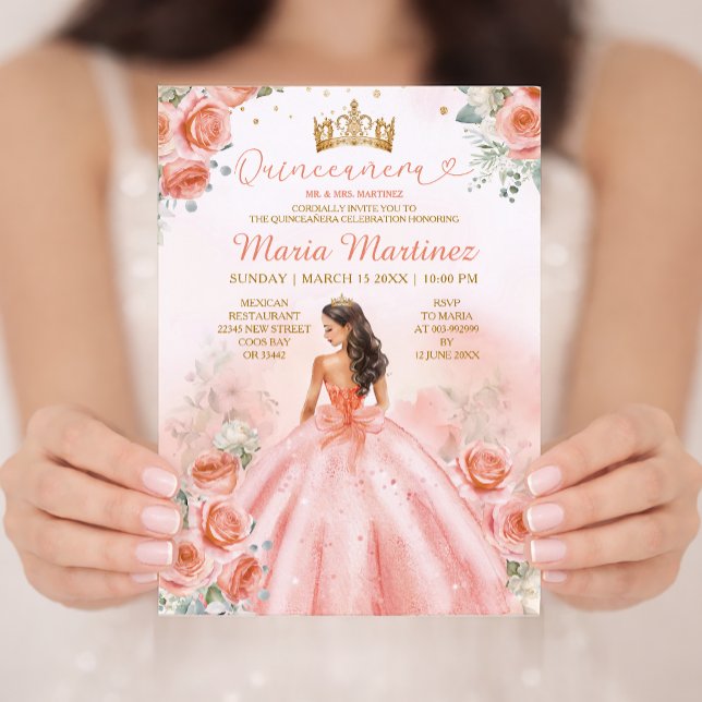 Salmon Pink Peach Princess Floral Gold Quinceañera Invitation (Creator Uploaded)