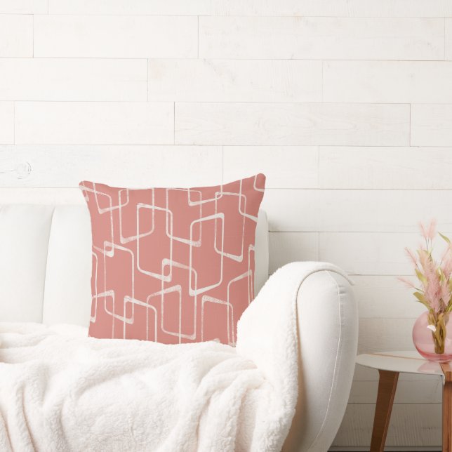 Salmon Pink Retro Lino Print Geometric Pattern Cushion (Couch)