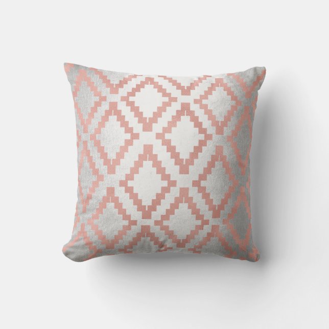 Salmon Pink Rose Gold Ethnic Blush Grey Silver Cushion (Front)