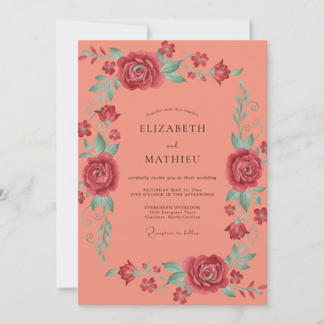 Salmon Pink Rose Wedding Invitation (Front)