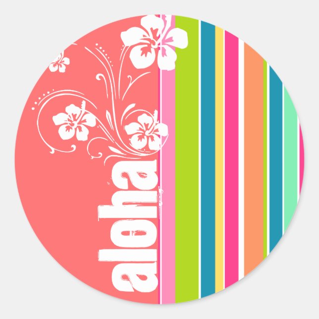 Salmon Pink & Seafoam Green Striped: Aloha Classic Round Sticker (Front)