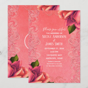 Salmon Pink Vintage Antique Rose Elegant Wedding Invitation