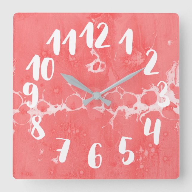 Salmon pink, water, texture design, marbling paper square wall clock (Front)