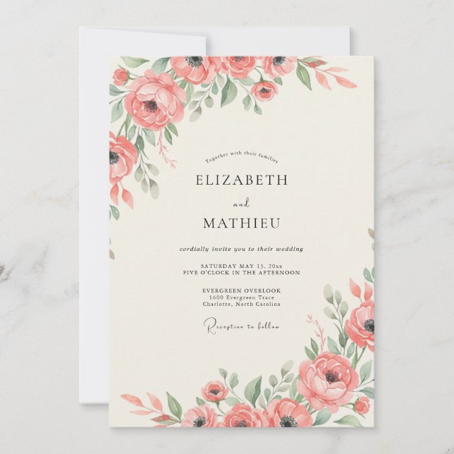 Salmon Ranunculus Eucalyptus Wedding Invitation (Front)