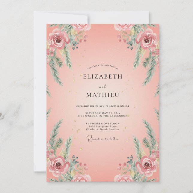 Salmon Ranunculus Foliage Eucalyptus Wedding Invitation (Front)