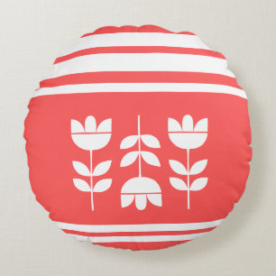 Salmon red and white 3 flowers round cushion