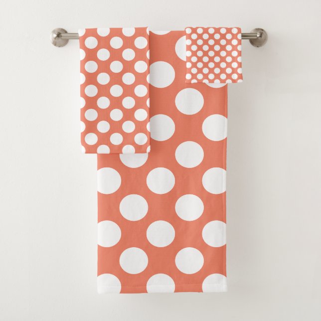 Salmon red: Large white Polka Dot Pattern Bath Towel Set (Insitu)
