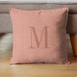 Salmon red linen texture monogram cushion