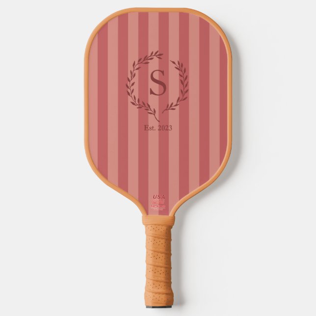Salmon Stripes Monogram Est Year Preppy Pickleball Paddle (Front)