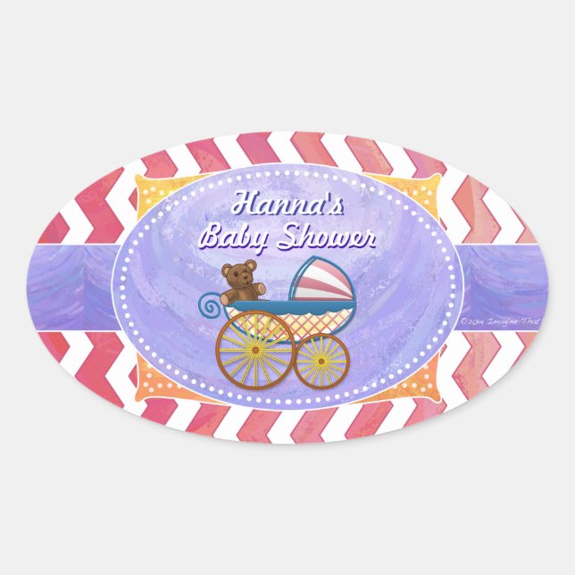 Salmon Swirl Pink Chevron Baby Shower Oval Sticker (Front)
