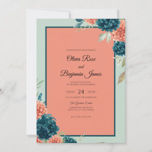 Salmon Teal Zinnia Eucalyptus Wedding Invitation