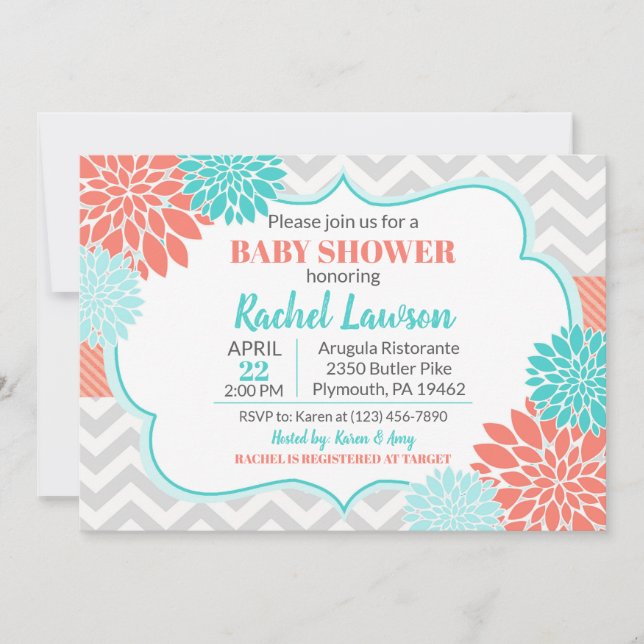 Salmon & Turquoise Blooms Floral Baby Shower Invitation (Front)