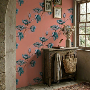 Salmon Vintage Watercolor Blue Flower Stripes Wallpaper