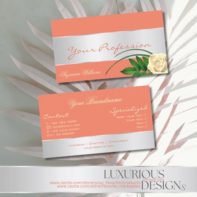 Salmon with Silver Decor and Gorgeous Rose Flower Business Card (Creator Uploaded)