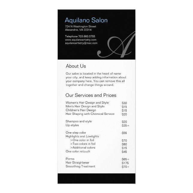 Salon and Spa Price List & Rack Card (Front)