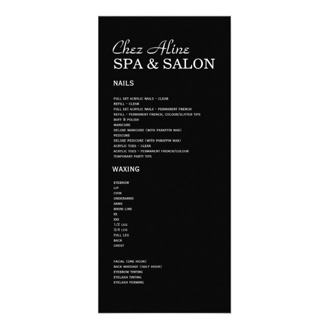 Salon and Spa Price List & Rack Card (Front)