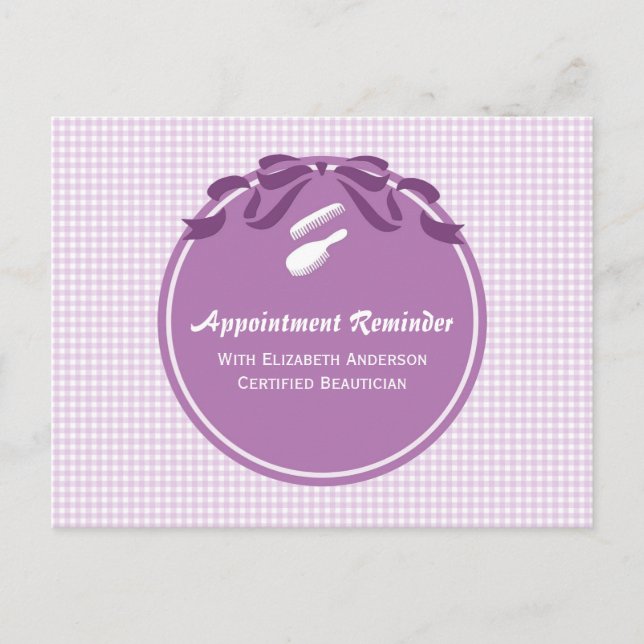 Salon Appointment Reminder Cute Country Purple Bow Postcard (Front)