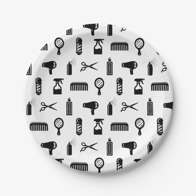 Salon & Barber Hairdresser Pattern CUSTOM COLOR Paper Plate (Front)