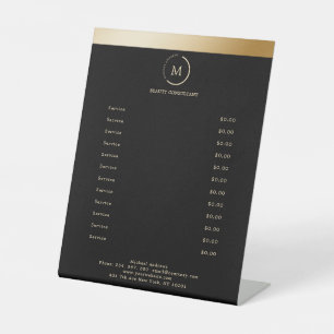 Salon Black Gold Stripe Monogramm Circle Pedestal Sign