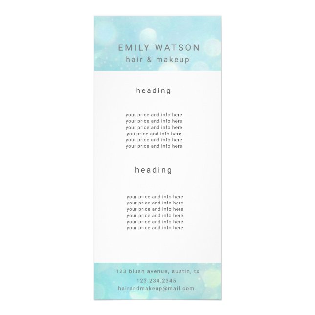 salon bokeh pastel sparkle price list rack card (Front)