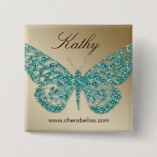 Salon Butterfly Name Tag Button Teal Gold