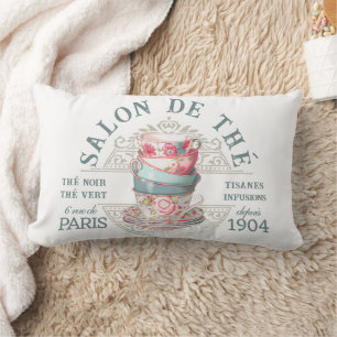 Salon de Thé Tearoom French Pink Teal Teacup Tea Lumbar Cushion