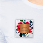 Salon employee copper metallic watercolor bouquet 15 cm square badge<br><div class="desc">Luxurious classy and glamourous professional pin button featuring a watercolor red, pink and blush peonies boho bouquet with navy blue and purple feathers for makeup artist | hairstylist | fashion stylist | beauty salon | boutique | sales consultant | interior design studio employee with a shiny beige tan copper metallic...</div>