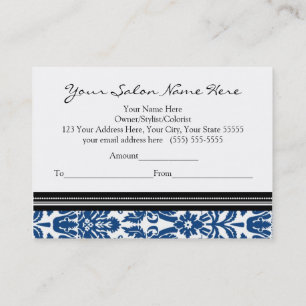 Salon Gift Certificate Blue Black Damask
