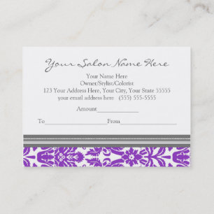 Salon Gift Certificate Purple Grey Damask