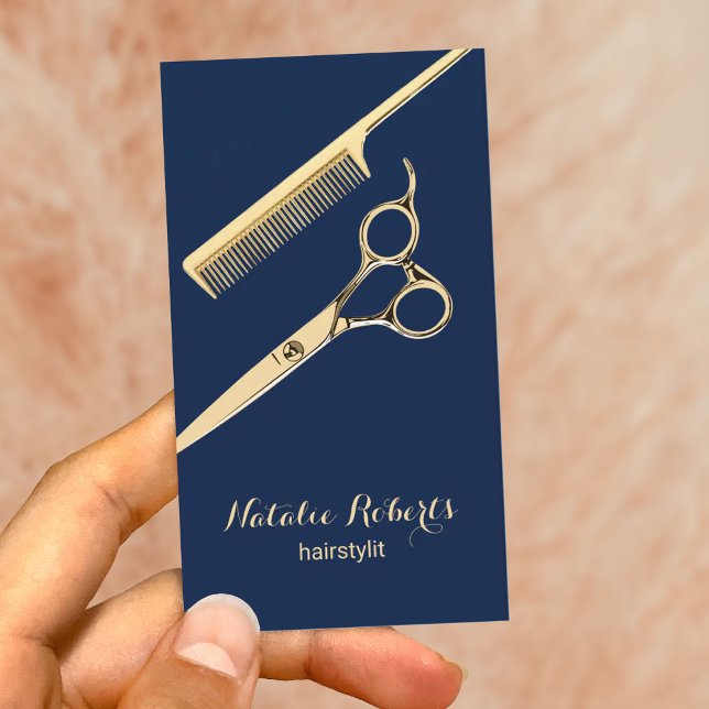 Salon Gold Scissor & Comb Navy Blue Hair Stylist Business Card (Creator Uploaded)