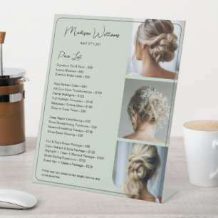 Salon Hair Stylist Sage Green Services Price List Pedestal Sign