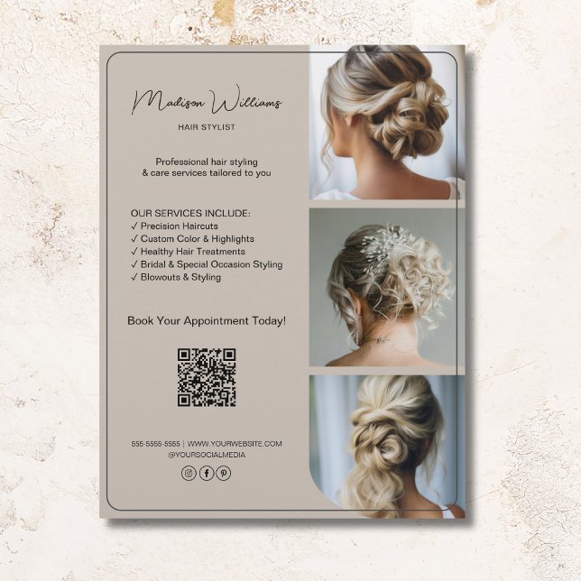 Salon Hair Stylist Services 3 Photos QR Beige Flyer (Salon Hair Stylist Services 3 Photos QR Beige Flyer)