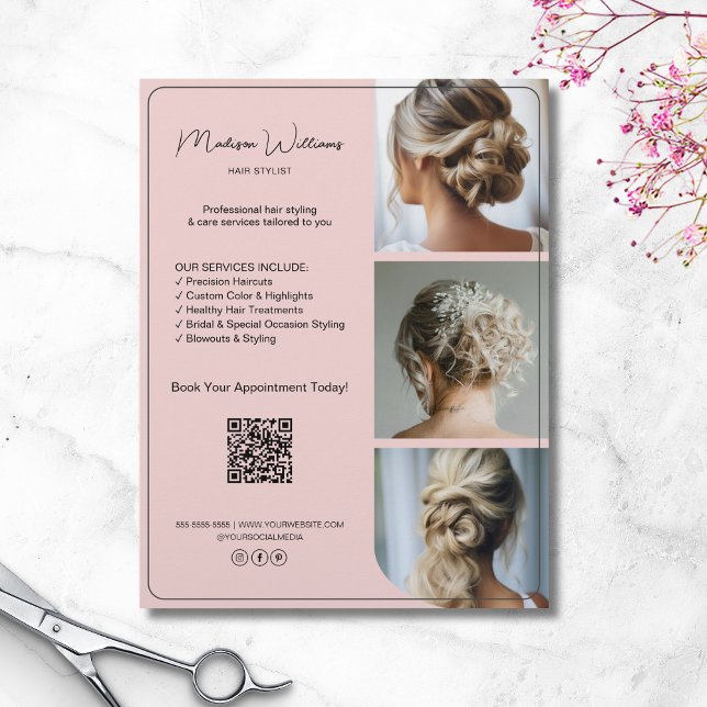 Salon Hair Stylist Services 3 Photos QR Pink Flyer (Salon Hair Stylist Services 3 Photos QR Pink Flyer)