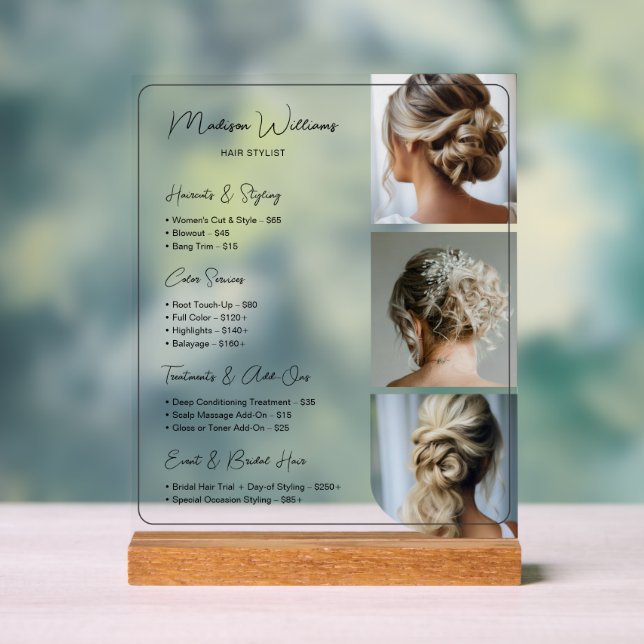 Salon Hair Stylist Services Price List Acrylic Sign (Neutral)