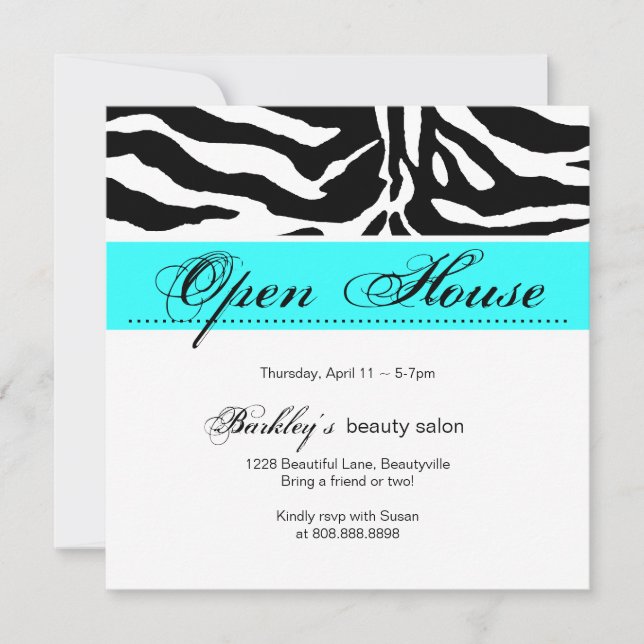 Salon Invitation Open House Ad Zebra Blue (Front)