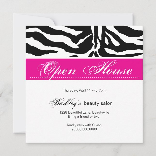 Salon Invitation Open House Ad Zebra Pink (Front)