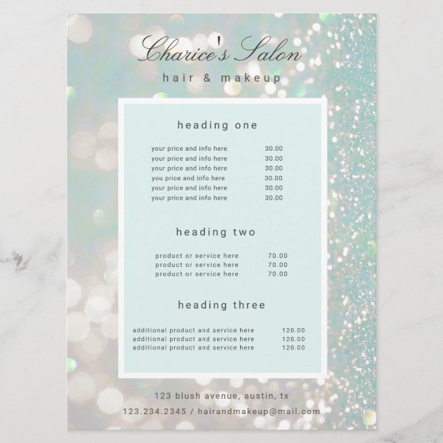 salon luxurious shimmer pastel price card (Front)