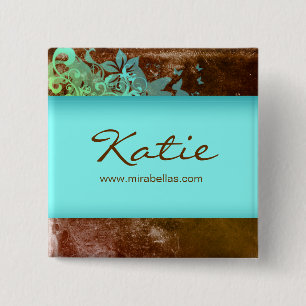 Salon Name Tag Button Brooch blue grunge flower 2
