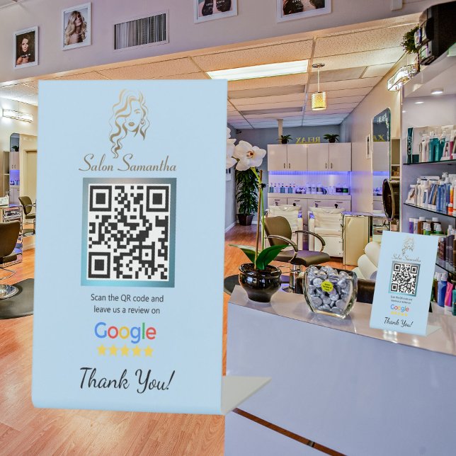 Salon Pastel Blue Google Review Pedestal Stand Pedestal Sign (Creator Uploaded)