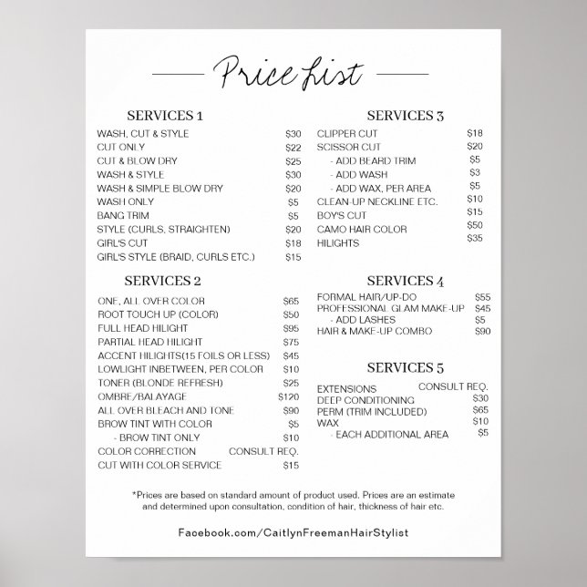 Salon Price LIst Poster,Editable Price List Poster (Front)