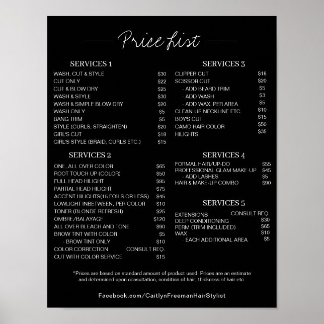 Salon Price LIst Poster,Editable Price List Poster (Front)