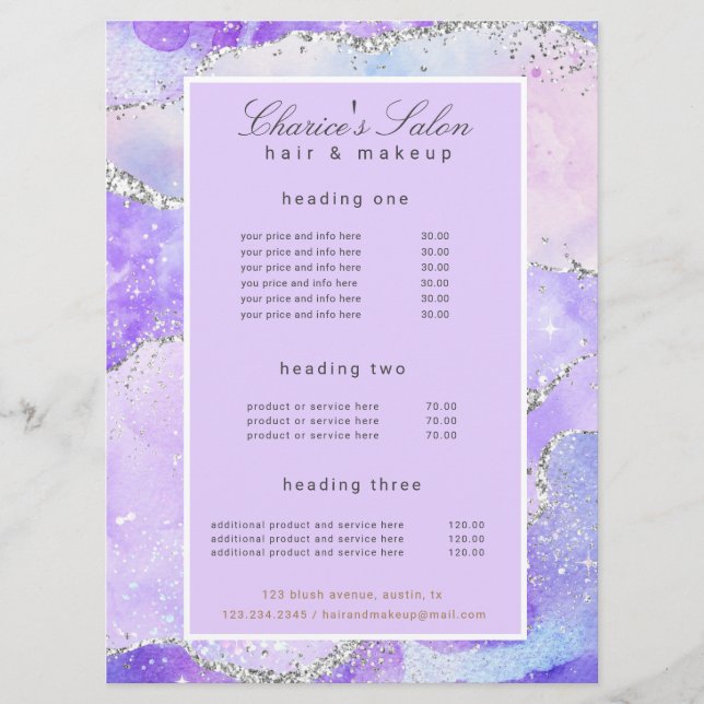 salon purple silver agate glitter price card (Front)