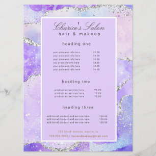 salon purple silver agate glitter price card
