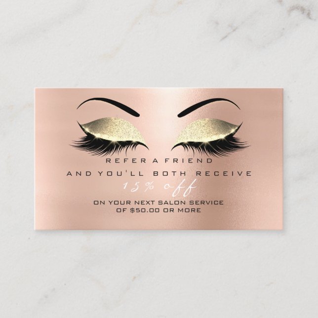 Salon Referral Card Glitter Gold Rose Pink Lashes (Front)