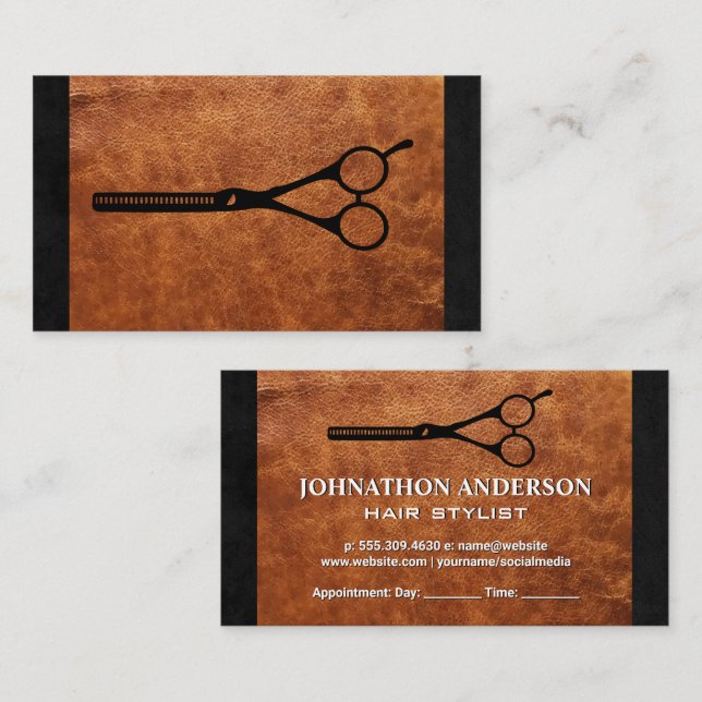 Salon Scissors | Brown Leather Texture Appointment Card (Front/Back)