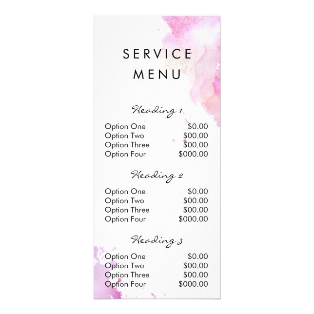 salon service menu watercolor paint splatter (Front)
